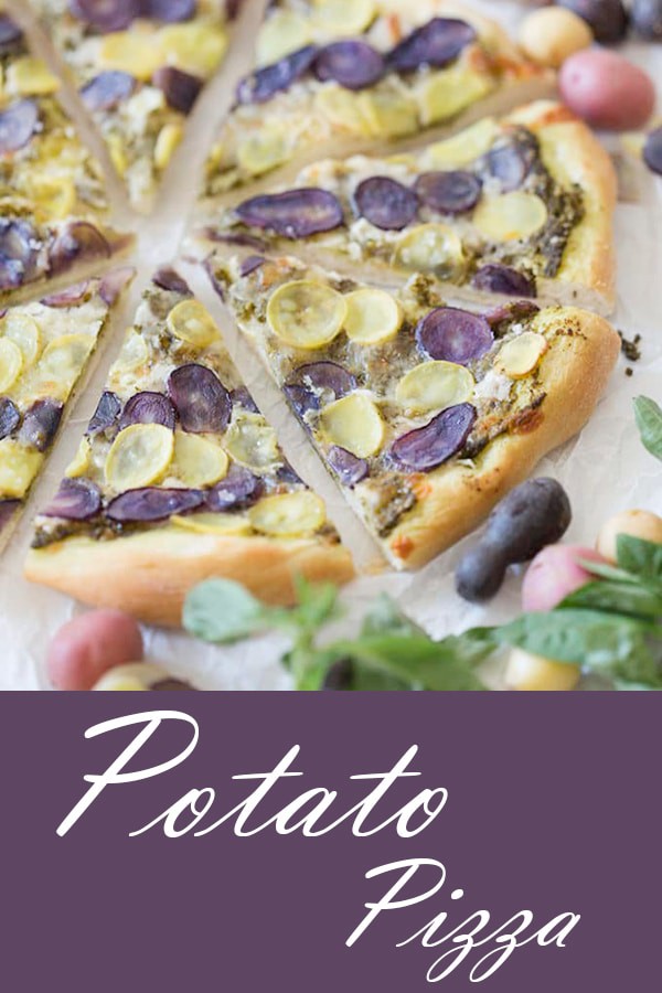 A delicious striped potato pizza made with fresh pesto, topped with creamy purple and yellow baby potatoes and a sprinkle of shredded mozzarella. This pizza will make all of your carb dreams come true!