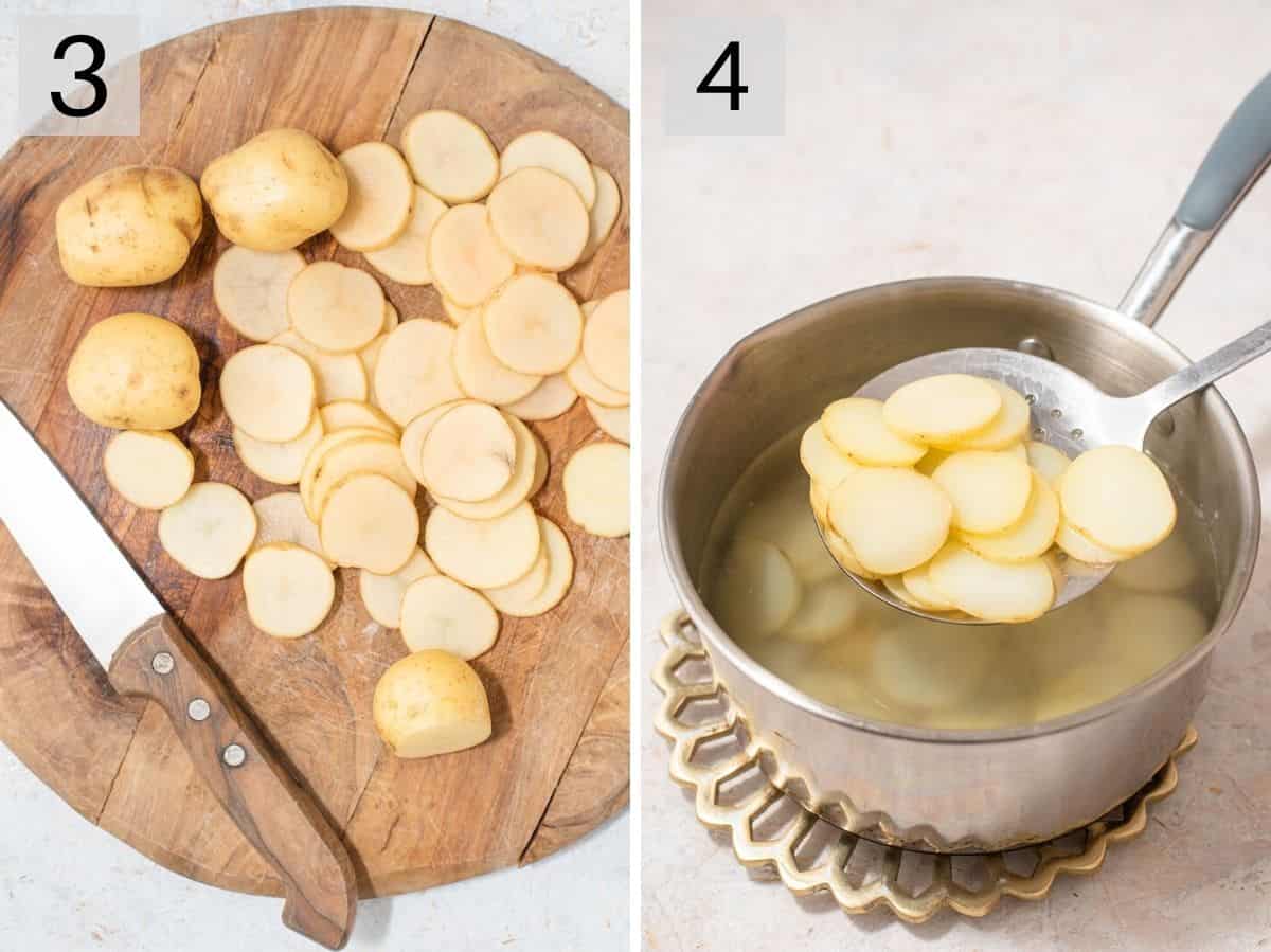 Two photos showing how to slice and par-boil baby potatoes