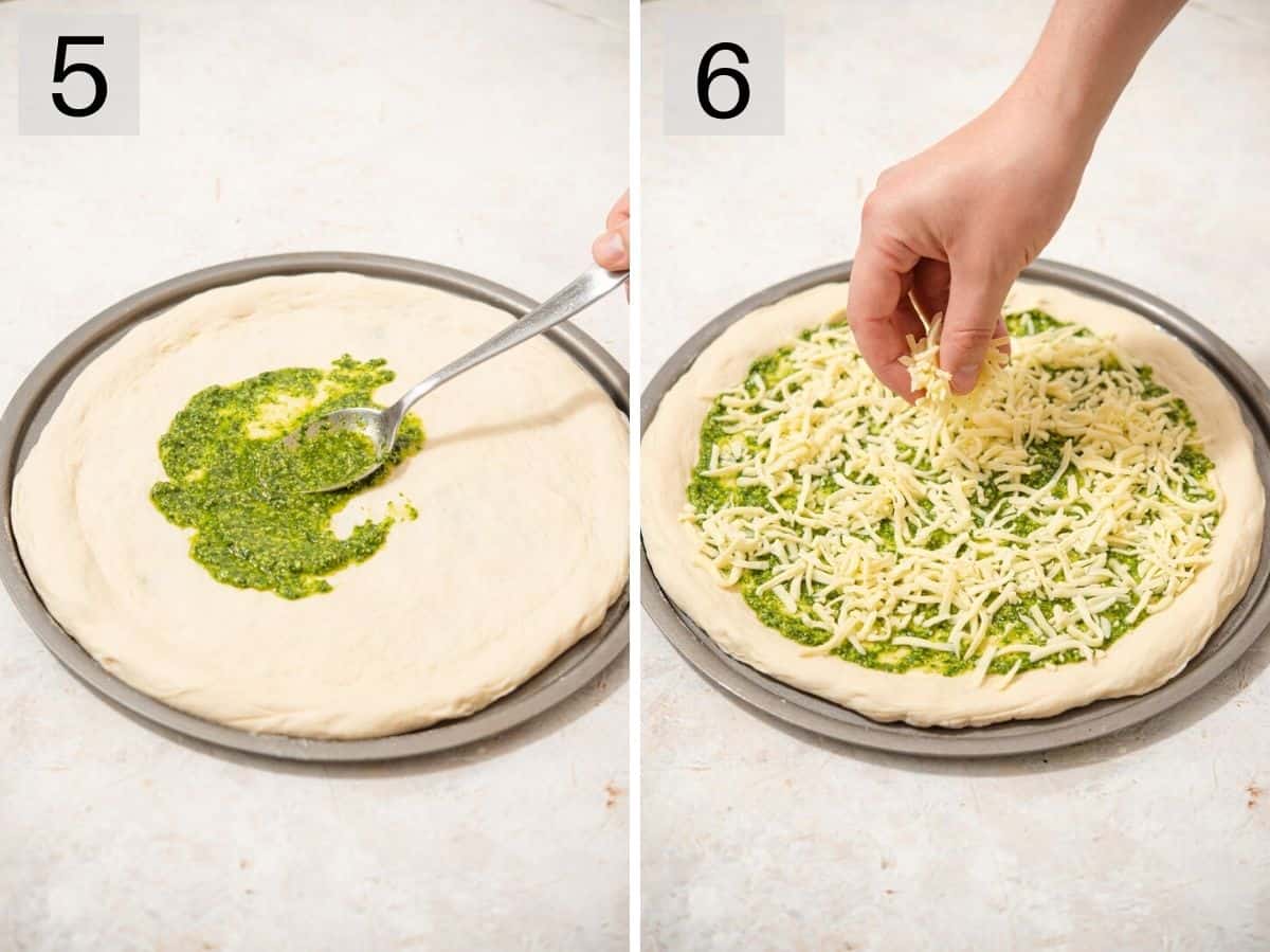 Two photos showing how to top a pizza with pesto and mozzarella