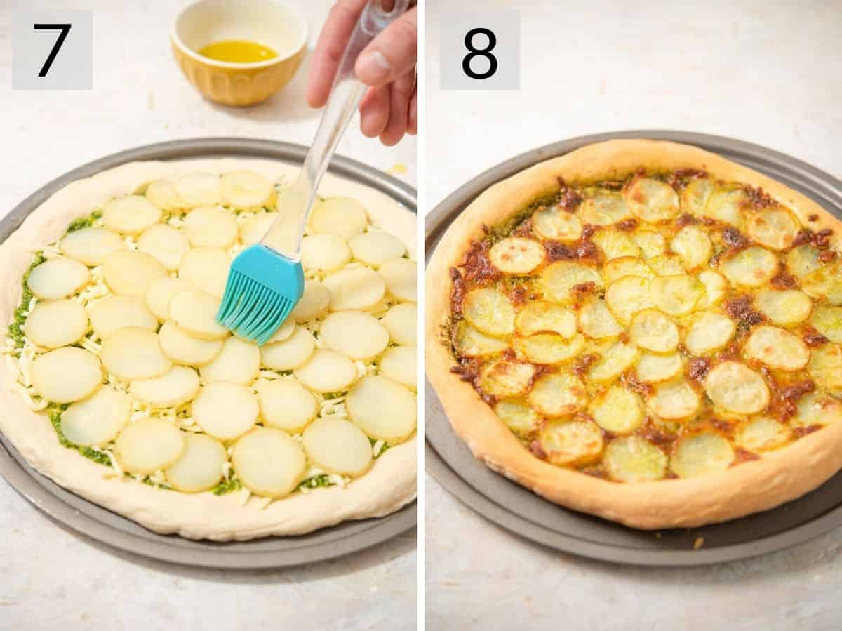 Two photos showing a potato pizza before and after cooking
