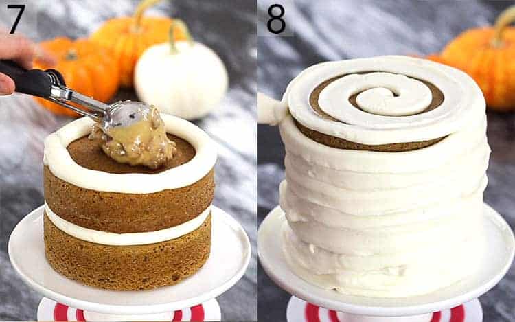 A pumpkin pecan cake getting assembled.