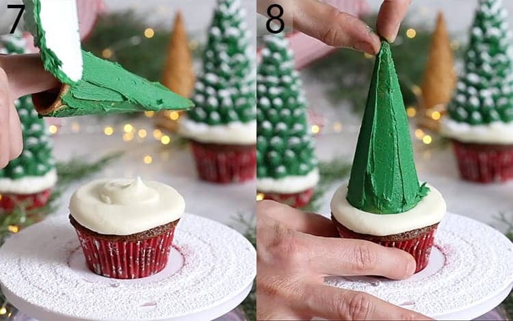 Christmas tree cupcakes getting assembles with an ice cream cone.