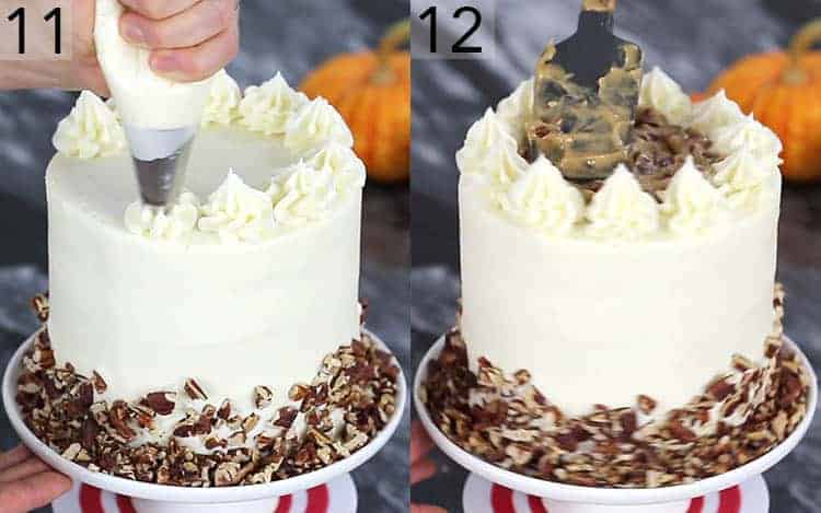 Final decorations being placed on a pumpkin pecan cake.