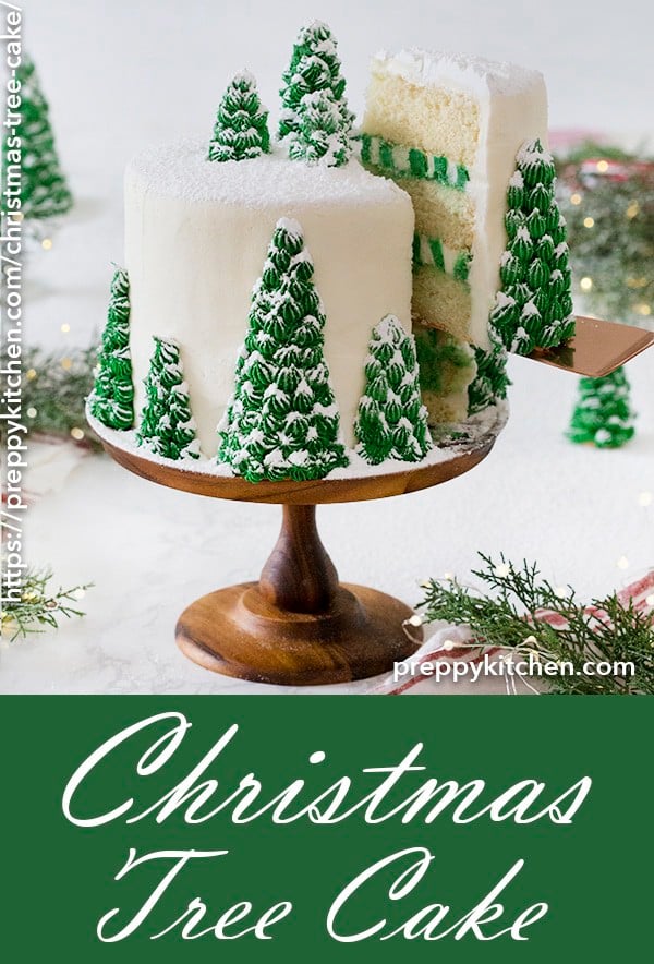 A delicious vanilla cake with creamy, dreamy vanilla buttercream. Topped with beautiful, edible Christmas trees, this cake is it's own winter wonderland.