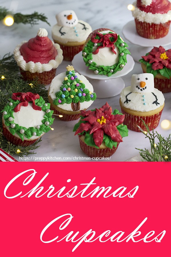 These festive Christmas cupcakes decorated five different ways are too cute not to make for your next holiday gathering! Moist and fluffy vanilla cupcakes topped with vanilla buttercream, this recipe will become a year-round favorite!!