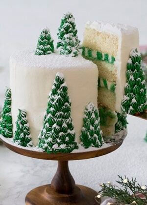 A photo of a cake covered in buttercream pine trees