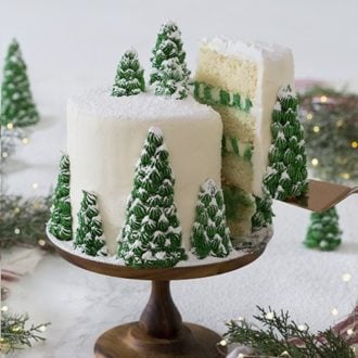 A photo of a cake covered in buttercream pine trees