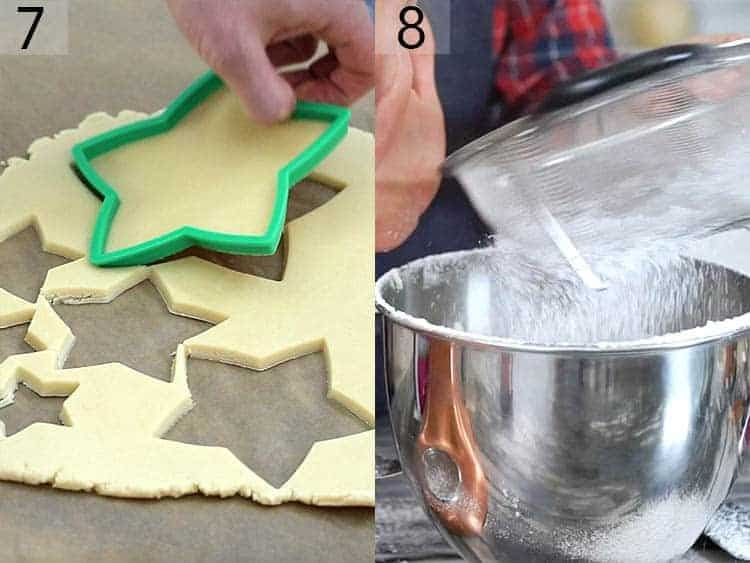 Sugar cookies getting cut into star shapes.