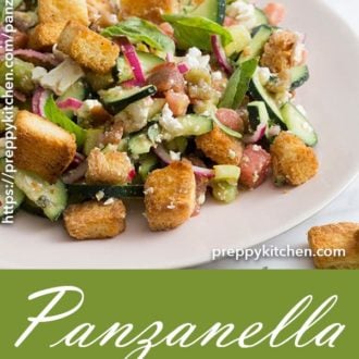 A clipping of a panzanella salad, plated and ready to be served.