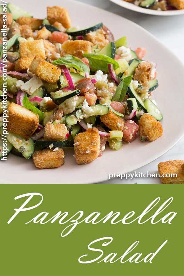 This delicious salad has tons of flavor and crunch from homemade croutons, feta, cucumbers fresh basil and a zingy dressing that's super easy to make!