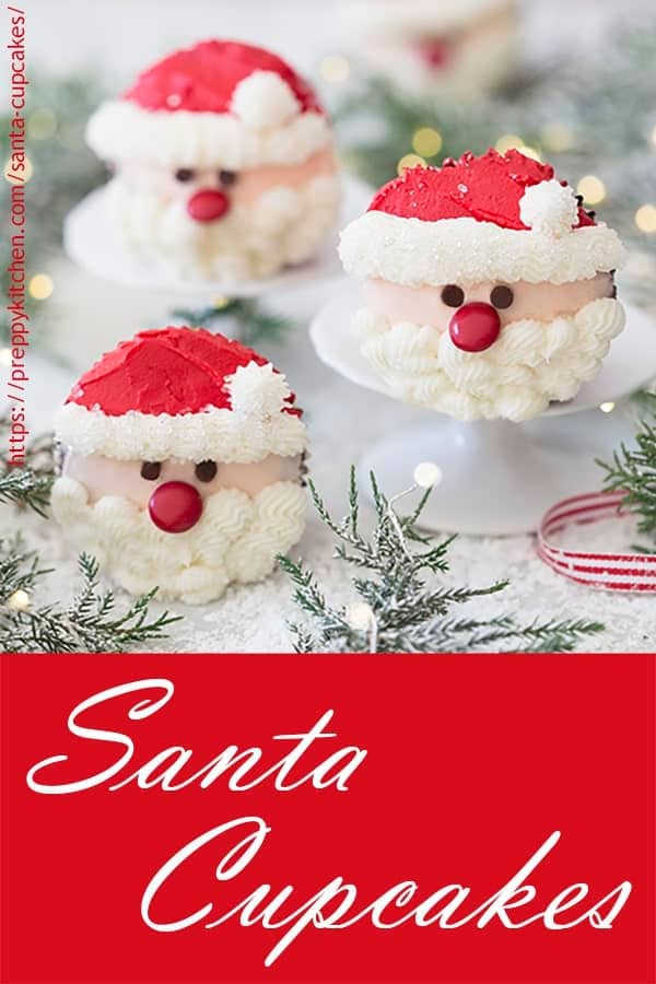 Delicious chocolate cupcakes topped with cute buttercream santas. This easy to make dessert will bring holiday cheer to the table and delight your guests!