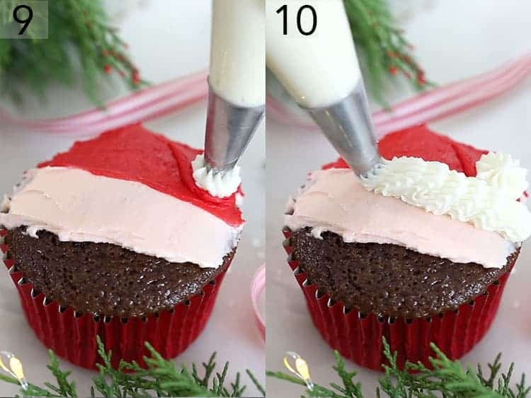 A star tip piping buttercream to make santa cupcakes.