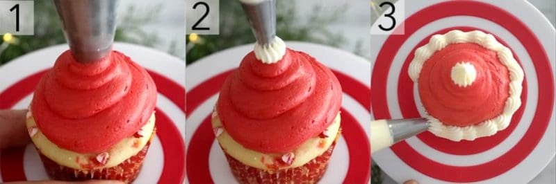 A photo tryptic showing the steps to make a Santa hat cupcake