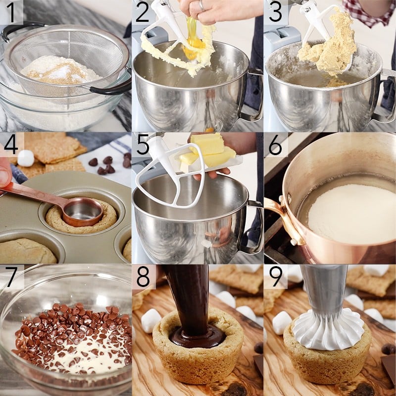 A photo showing steps on how to make s'mores cookie cups.