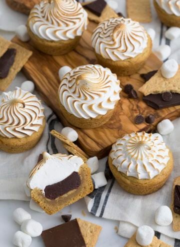 A photo of S'mores cookie cups with one cut in half.