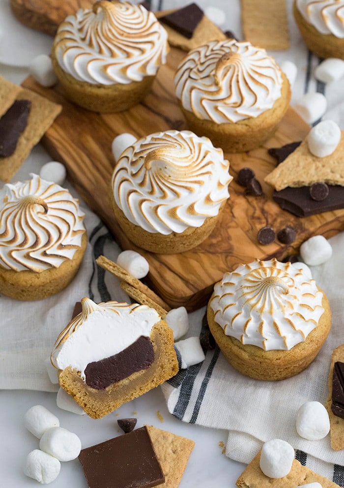 A photo of S'mores cookie cups with one cut in half.