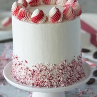 chocolate peppermint layer cake with crushed candy cane