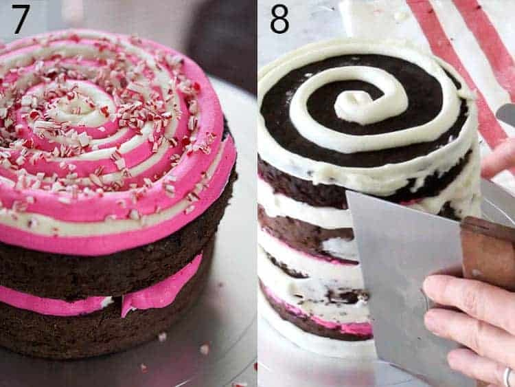 A chocolate peppermint cake getting assembled with two tone frosting inside.