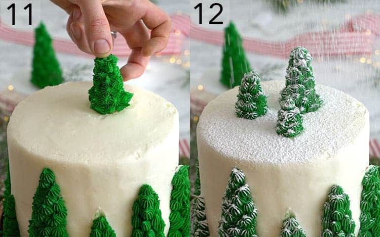 A whiite buttercream cake covered in buttercream Christmas trees