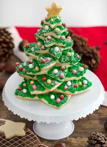 A Christmas cookie tree made from sugar cookies and buttercream.
