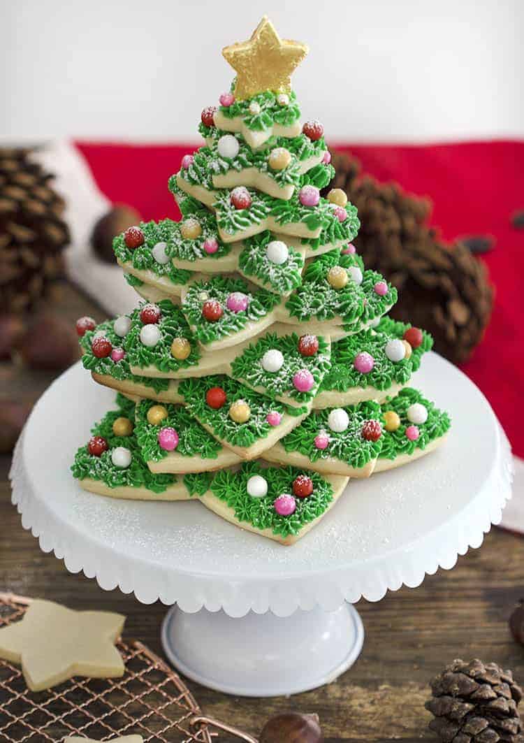 A Christmas cookie tree made from sugar cookies and buttercream.