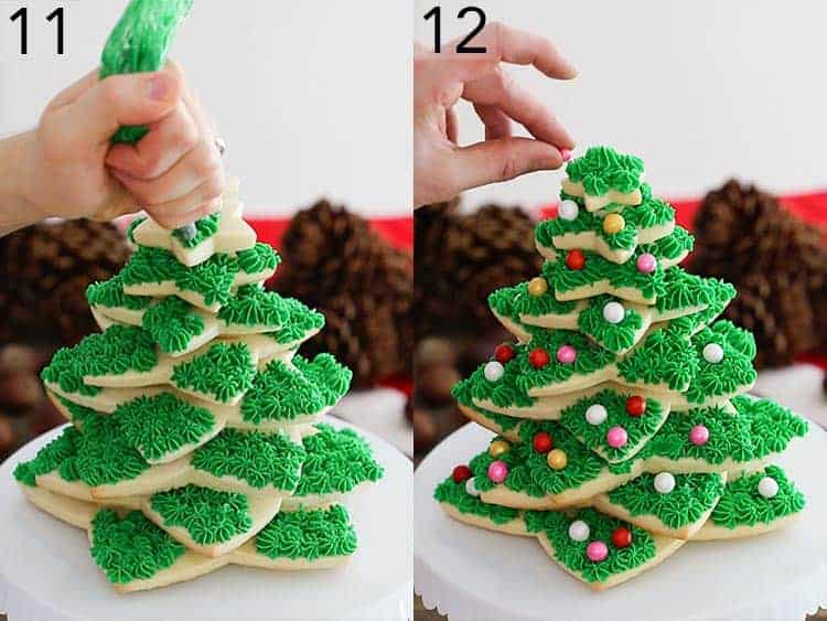 Green buttercream piped onto a cookie tree.