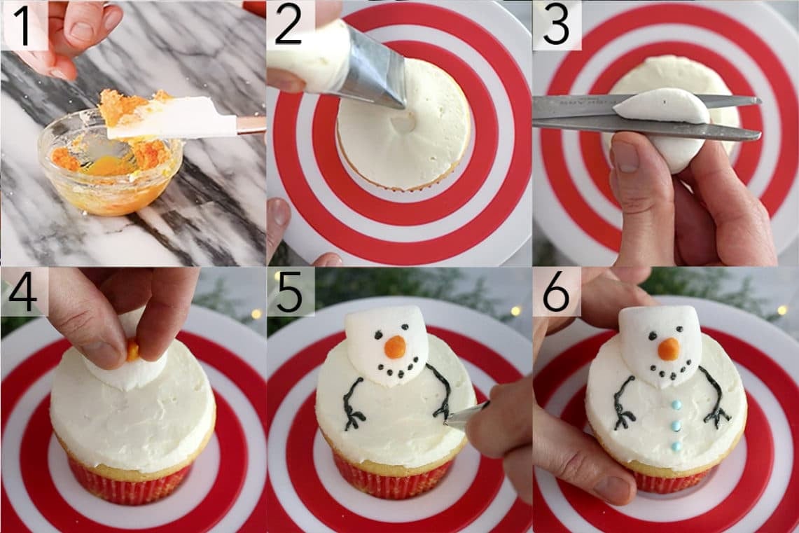 A photo showing steps on how to make a snowman cupcake, 