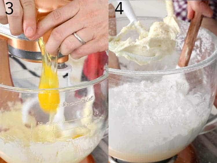 Eggs and flour being added to cookie dough. 