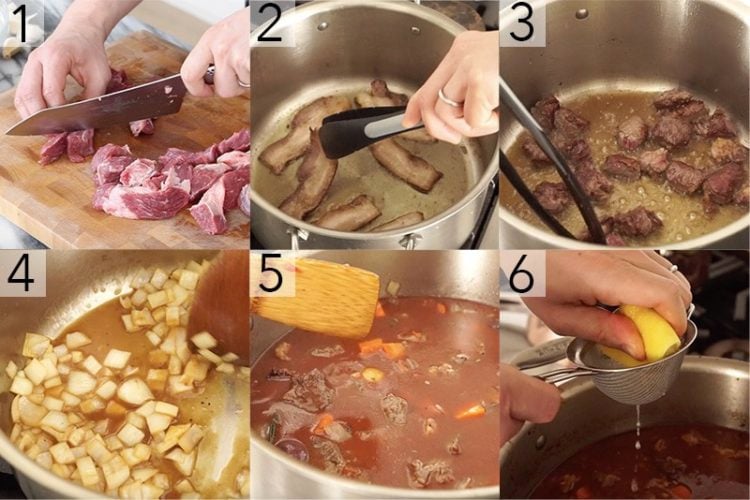 A photo showing steps on how to make beef stew.
