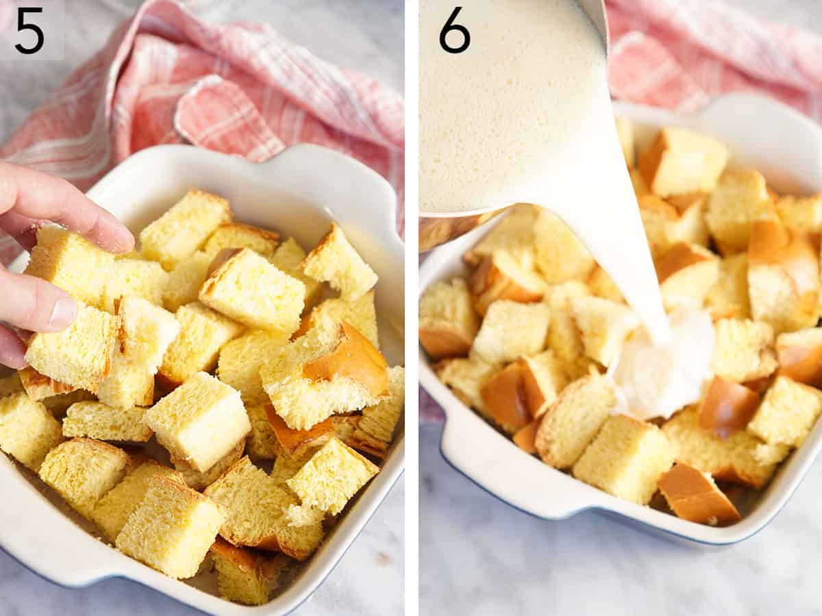 Custard pouring onto cubed of bread in a baking dish for bread pudding.