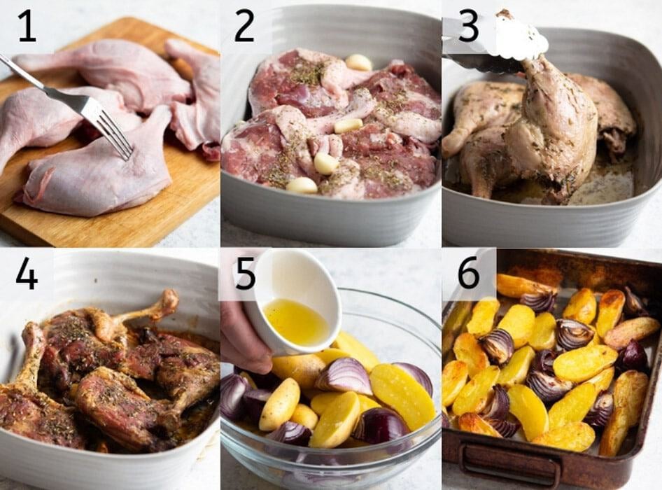 A photo showing steps on how to make a crispy roasted duck with potatoes.