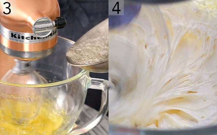 Two photos showing how sugar drizzling into whipped yolks.