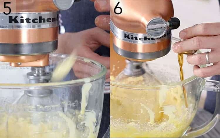 Two photos showing butter and vanilla being added to a mixer to make French Buttercream.
