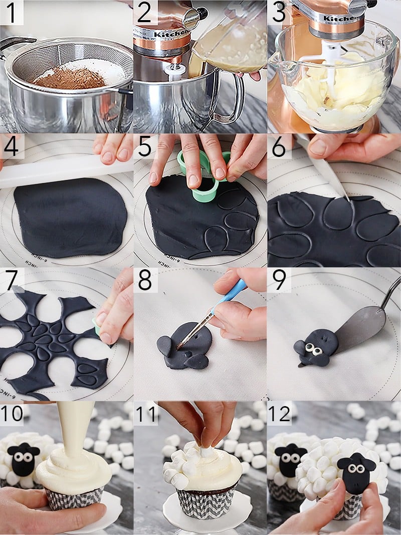 A photo showing steps on how to make a sheep cupcake.
