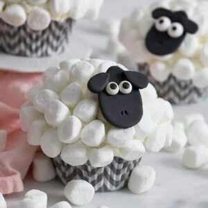 A closeup photo of a sheep cupcake with a black fondant face and mini marshmallow wool.