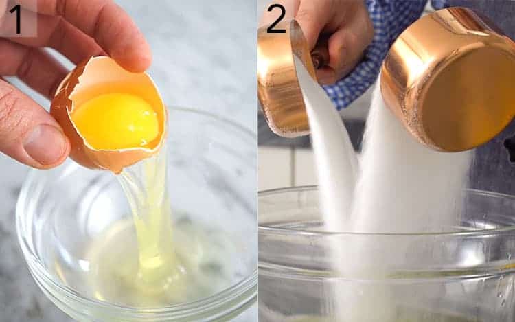 Two photos showing eggs being separated and sugar pouring.