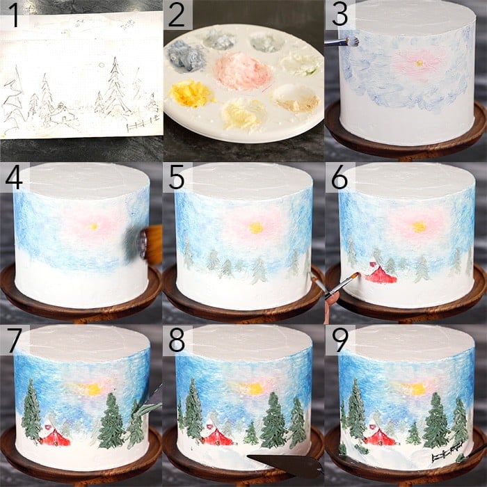 A photo collage showing the steps to paint a scene onto a cake
