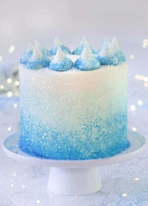 A winter sparkle cake on a cake stand.