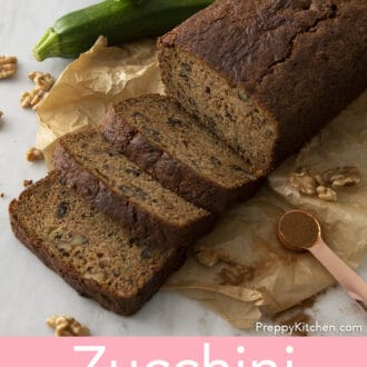 three slices of zucchini bread cut from the loaf