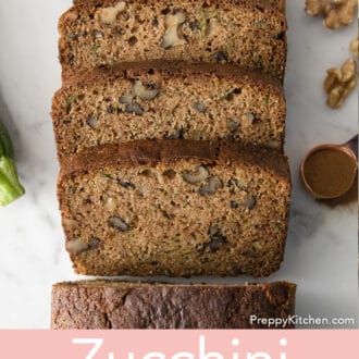 Pinterest graphic of overhead view of sliced zucchini bread.
