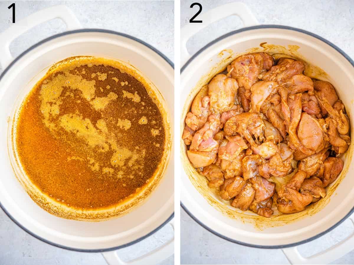 Two photos showing chicken cooking in spices.