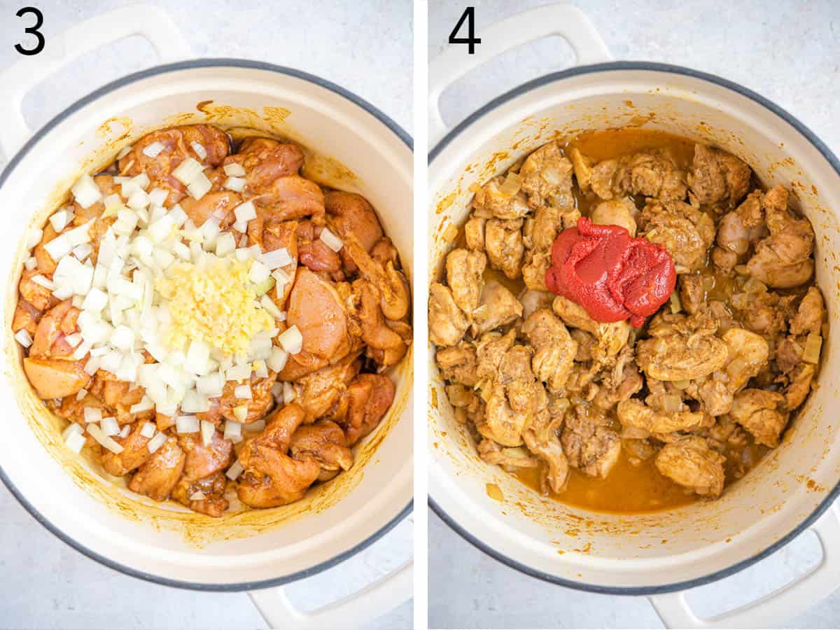 Two photos showing adding onion and tomato to a chicken curry.