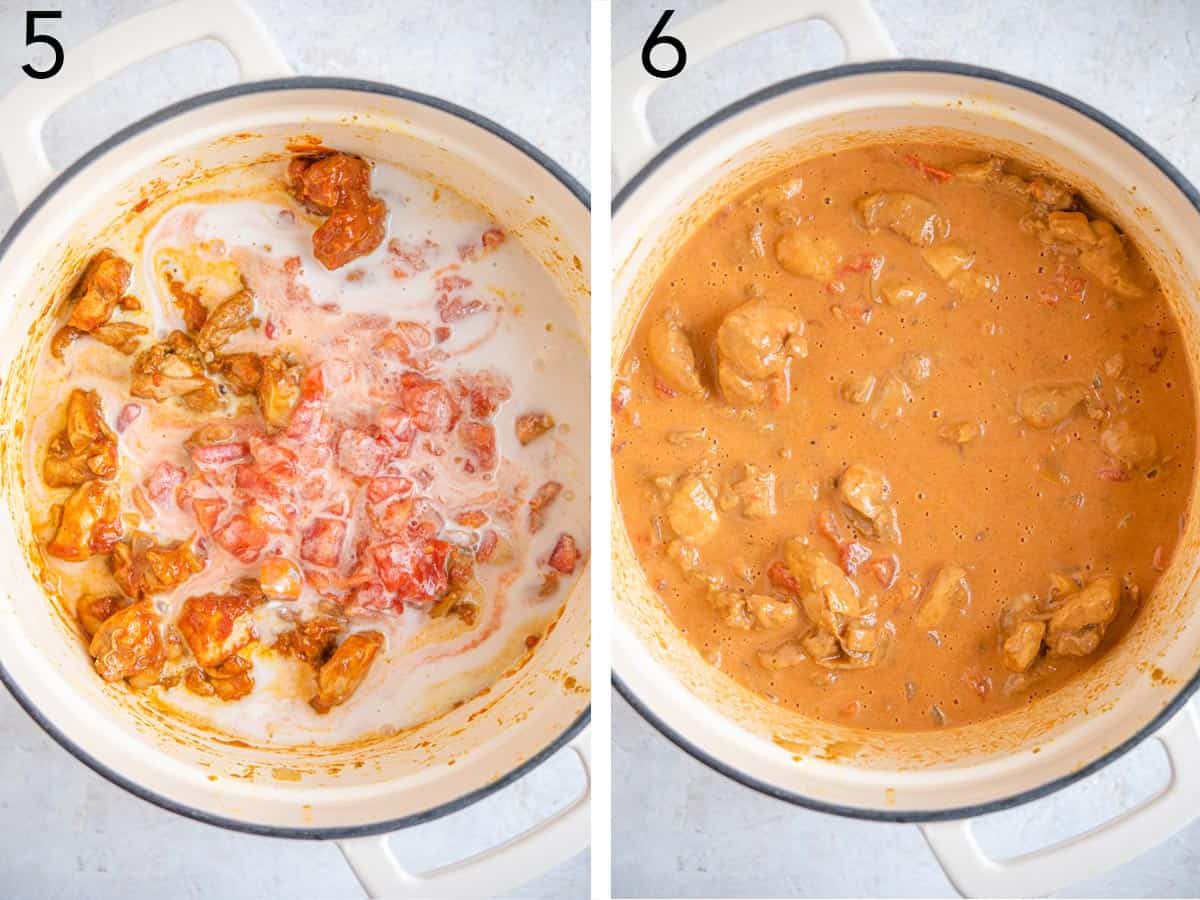 Two photos showing how to make butter chicken.