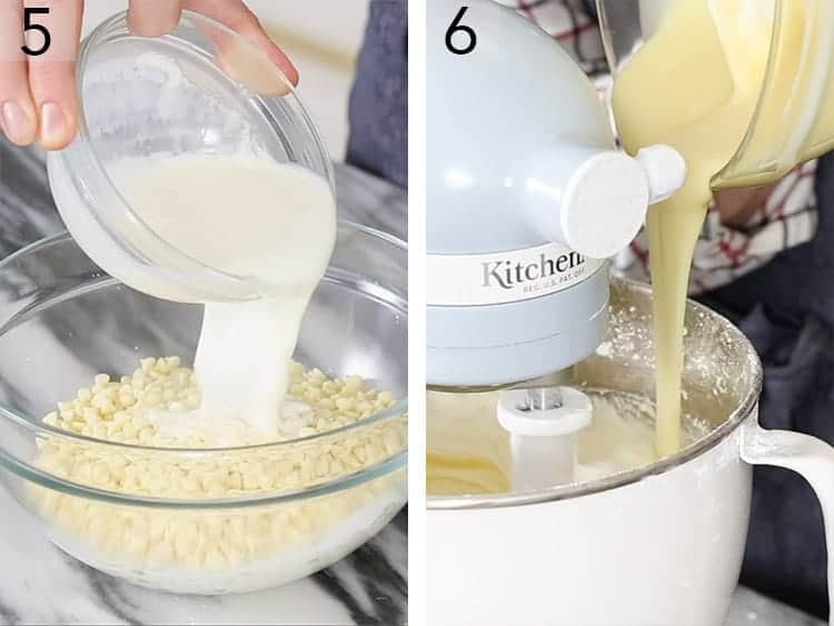 White chocolate buttercream for a winter wonderland cake getting made in a stand mixer.
