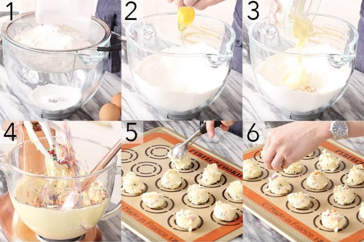 A photo showing steps on how to make cake mix cookies.