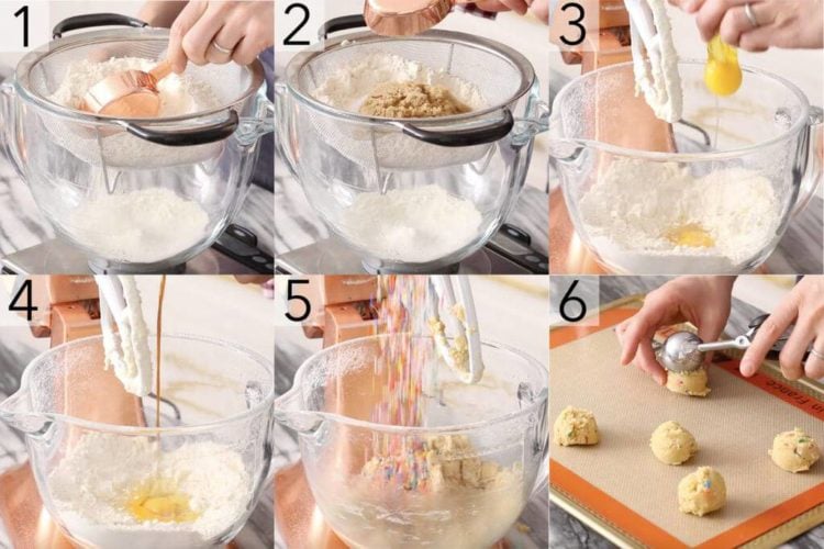 A photo showing steps on how to make cake mix cookies from scratch.