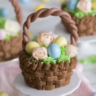 Chocolate Easter basket cupcakes filled with candy eggs and flowers