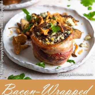 A clipping of bacon-wrapped filet mignon topped with a blue cheese crunch butter and served with mushrooms.