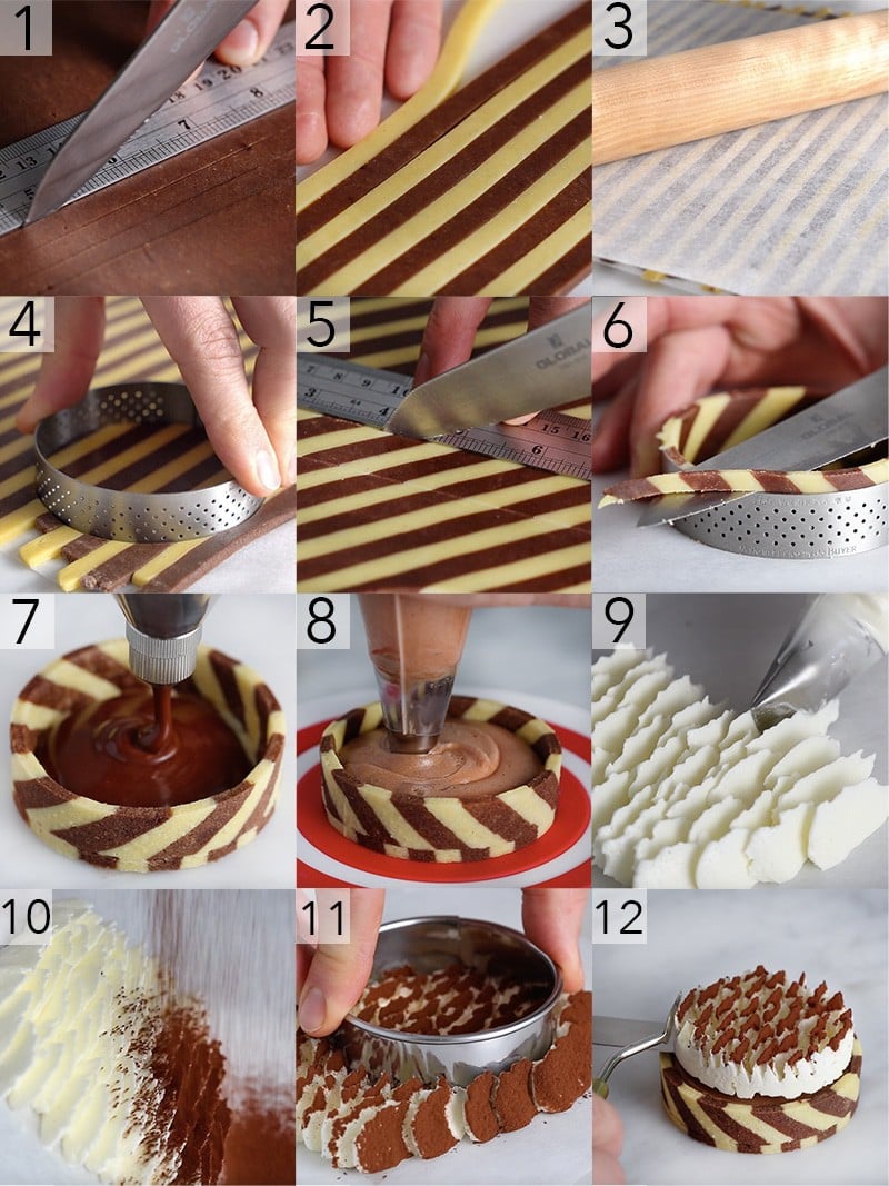 A photo showing steps on how to assemble a French pastry.