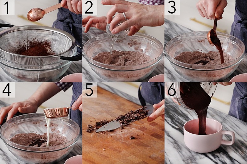A photo showing steps on how to make a chocolate mug cake.